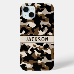 Coque iPhone 15 Mini Camouflage noir et marron Personnalisé