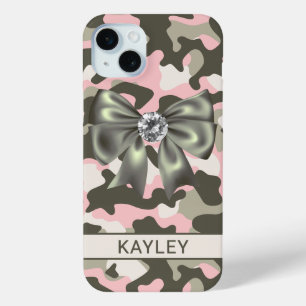 Coque iPhone 15 Mini Camouflage personnalisé rose vert brillant