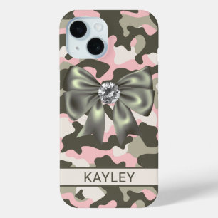 Coque Pour iPhone 15 Camouflage Personnalisé Rose Vert Brillante
