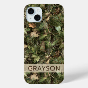 Coque iPhone 15 Mini Camouflage Pins et Feuilles Personnalisé