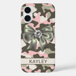 Coques iPhone 16 Camouflage Rose Vert Personnalisé Brillante