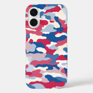 Coques iPhone 16 Camouflage rouge blanc et bleu
