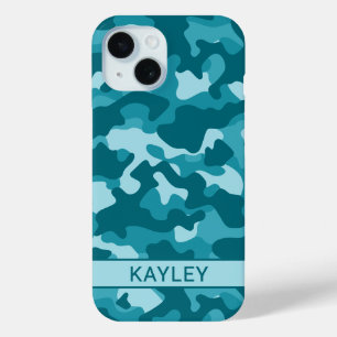 Coque Pour iPhone 15 Camouflage sarcelle personnalisé