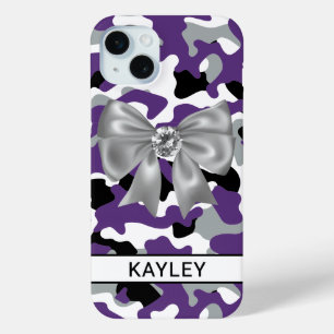 Coque iPhone 15 Mini Camouflage Violet Noir Personnalisé Brillante