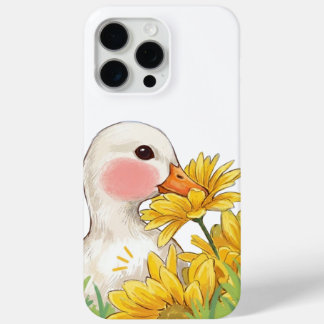 Coque iPhone 15 Pro Max Canard Mignon Kawaii avec Fleurs Jaunes
