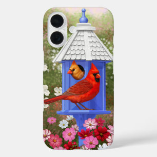 Coques iPhone 16 Cardinaux et maison d'oiseaux bleue