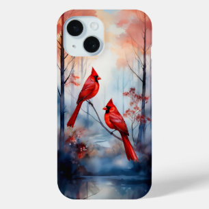 Coque Pour iPhone 15 Cardinaux rouges dans une forêt brumeuse