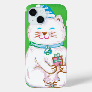 Coque Pour iPhone 15 Caricature mignonne Chat de Noël portant un chapea