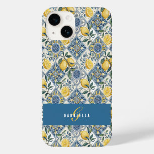 Coque Pour iPhone 14 Carreau Bleu Citron Aquarelle Jaune Nom