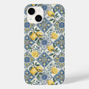 Coque Pour iPhone 14 Carreau bleu français country jaune citron