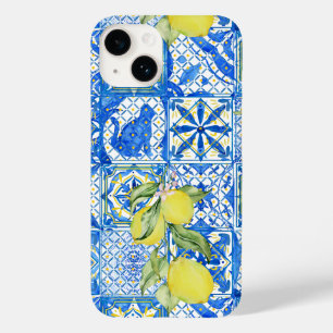 Coque Pour iPhone 14 Carreau bleu motif provençal citron décoration mai