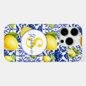 Coques Case-Mate iPhone Carreau de motif de citron blanc bleu Monogramme N (Verso (horizontal))