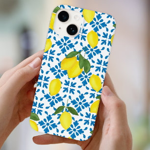 Coque Pour iPhone 14 Carreau de pays français bleu motif citron 