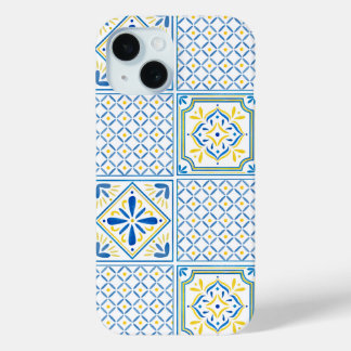 Coque Pour iPhone 15 Carreau italien méditerranéen bleu et jaune