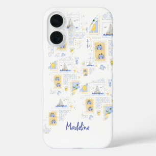 Coques iPhone 16 Carreau Méditerranéen Légende Côtière Monogramme N