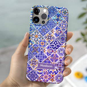 Coque Pour iPhone 15 Carreaux bleus violets siciliens méditerranéens me