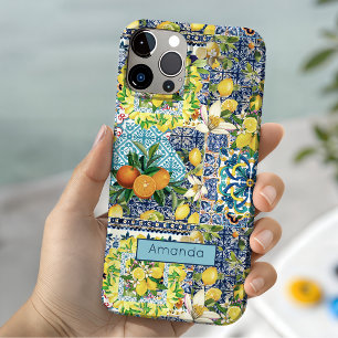 Coque Pour iPhone 15 Carreaux floraux de citrouille siciliens turquoise