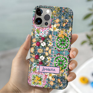 Coque Pour iPhone 15 Carreaux floraux de citrus siciliens bleus roses c