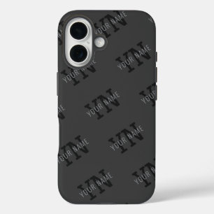 Coques iPhone 16 Carreaux modernes gris foncé avec monogramme de no