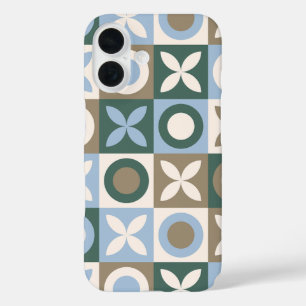 Coques iPhone 16 Carreaux Mosaïques Géométriques Bleus et Marrons