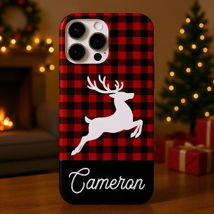 Coques iPhone 16 Pro Max Carreaux Rouges et Noirs avec Renne Nom Personnali