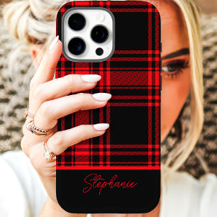Coques iPhone 16 Pro Carreaux Rouges et Noirs Nom Personnalisé