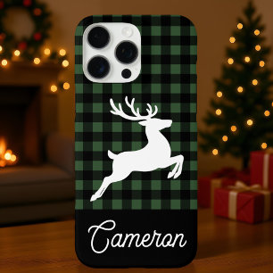Coques iPhone 16 Pro Max Carreaux Verts & Noirs à Carreaux avec Renne Nom P