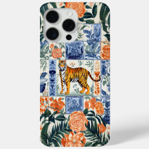Coque iPhone 15 Pro Max Carreaux Vintage Tigre dans le Jardin Peint