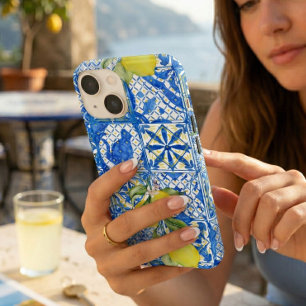 Coque Pour iPhone 14 Carrelage bleu motif citron campagne française déc