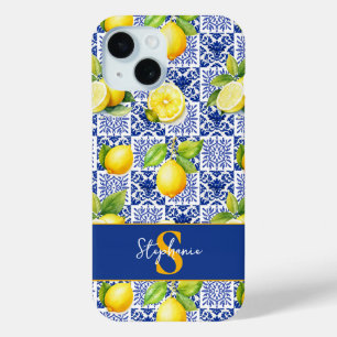 Coque Pour iPhone 15 Carrelage en forme de citron bleu blanc méditerran