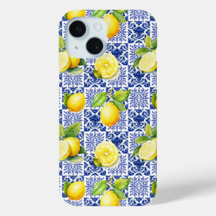 Coque Pour iPhone 15 Carrelage Motif Citron Bleu Blanc Méditerranéen
