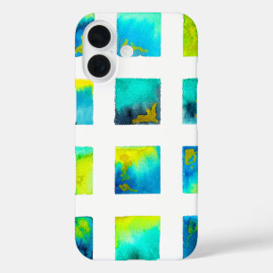 Coques iPhone 16 Carrés bleus aquarelle abstraite
