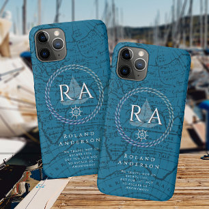 Case-Mate iPhone Case Carte de monogramme de corde nautique bleue