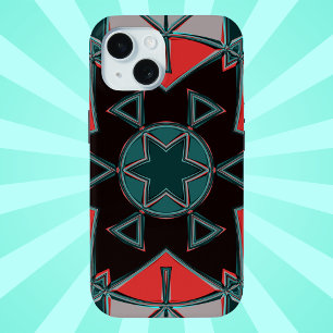 Coque Pour iPhone 15 Carton Mandala bleu rouge et noir