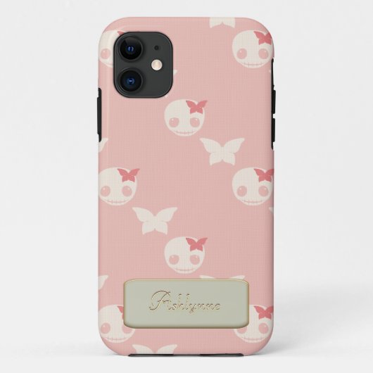 Coques Case-Mate iPhone Cartoon Crânes blancs sur le rose Embossé de texte (Dos)