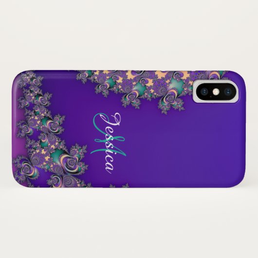 Coques Case-Mate iPhone Cas de fractale de pourpre royal de monogramme (Dos (Horizontal))