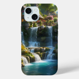 Coque Pour iPhone 15 Cascades cabines de montagne paisibles fleurs