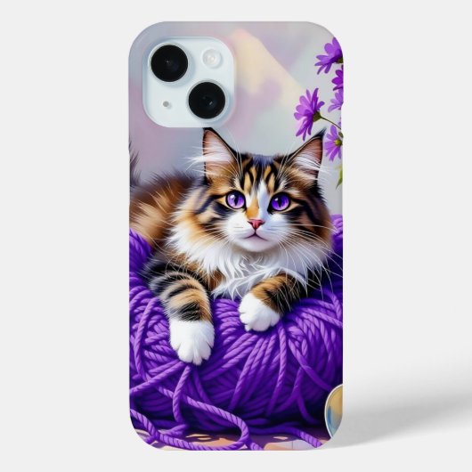 Coques Case-Mate iPhone Cat in Purple Yarn and Flowers (Verso)