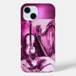 COQUE POUR iPhone 15 CAT, OWL ET INSTRUMENTS MUSICAUX EN ROSE POURPLE