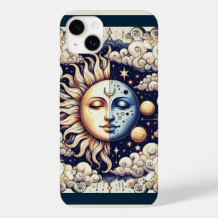 Coque Pour iPhone 14 Plus Céleste Vintage Demi Soleil & Lune Bleu Jaune