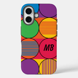 Coques iPhone 16 Cercles et bandes de couleur vive et initiales