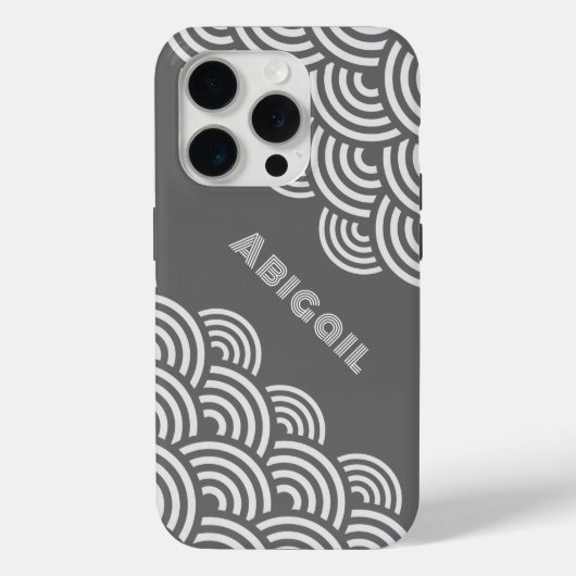 Coques Case-Mate iPhone Cercles tourbillonnants et nom en blanc sur gris (Verso)