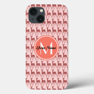 iPhone 13 Coque Cerf Saumon Rose, Monogramme Personnalisé, Personn