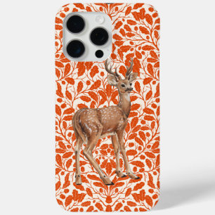 Coque iPhone 15 Pro Max Cerf sur le motif damassé de chêne décoratif en or
