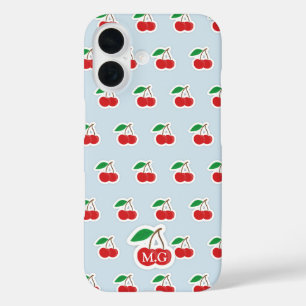 Coques iPhone 16 Cerise mignonne Motif sur Monogramme bleu clair