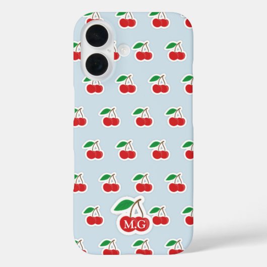 Coques Case-Mate iPhone Cerise mignonne Motif sur Monogramme bleu clair (Verso)