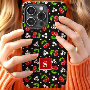 Coque Pour iPhone 15 Cerises à pois floraux mignons Monogramme noir