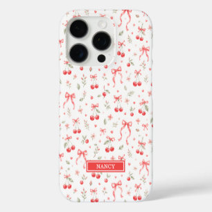 Coques iPhone 16 Pro Cerises avec nœuds coquettes rouges monogrammées
