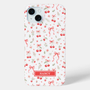 Coque iPhone 15 Mini Cerises avec nœuds coquettes rouges monogrammées