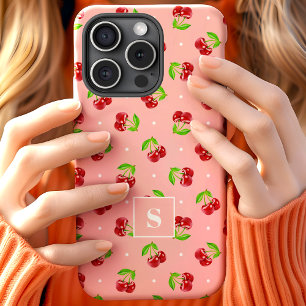 Coque Pour iPhone 15 Cerises Jolies à Points sur Monogramme Rose